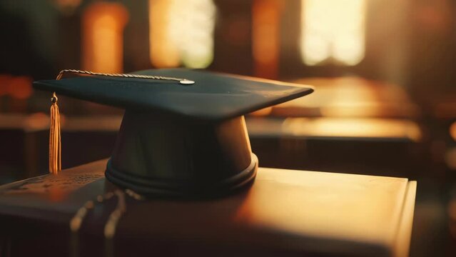 A black graduation cap sits on top of a stack of books. The cap is attached to a chain, which is hanging from the top of the cap. Concept of accomplishment and achievement