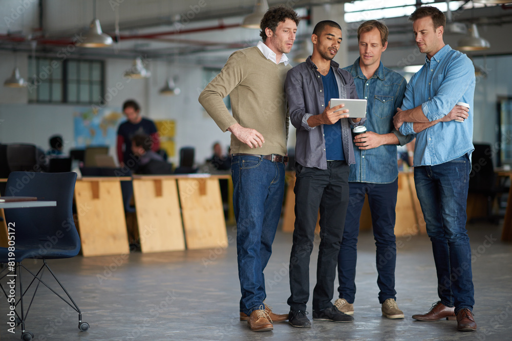 Poster business men, planning and discussion with tablet for design, inspection and team strategy in office