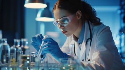 A woman in a lab coat is working with a pipette