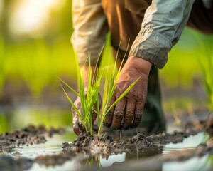 A farmer using traditional techniques to sow rice seedlings manually - close up on the methodical hand movements - dynamic, Manipulation, in a heritage-rich agricultural land