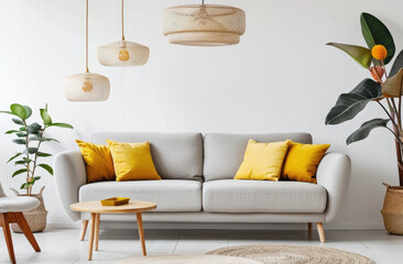 an elegant living room with a grey sofa, yellow pillows and a table in front, a wooden dining set near the window, white walls, minimal interior design
