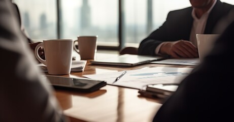  image depicting a meeting with company directors to discuss financial figures and results, supported by graphs and balance sheet curves