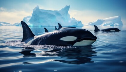 Fototapeta premium Groups of Orcas or killer whales swim and hunt for prey, the top of the food chain in a sea of ​​ice floes