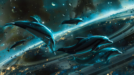 Space Swim.  Iridescent Dolphins Play Among the Astral Dust