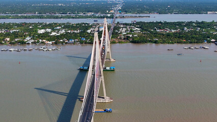 Aerial view of Rach Mieu Bridge cross Tien river, link Tien Giang with Ben Tre, cable stayed bridge...