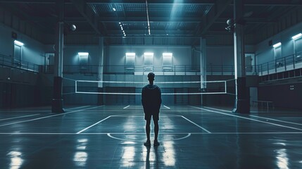Obraz premium Professional Volleyball Player Training Alone in Moody Empty Gym for Dedication and Personal Growth