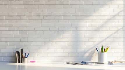 Modern workspace with white brick wall, pencils, and office supplies on a well-lit desk, minimalistic and clean design for productivity.