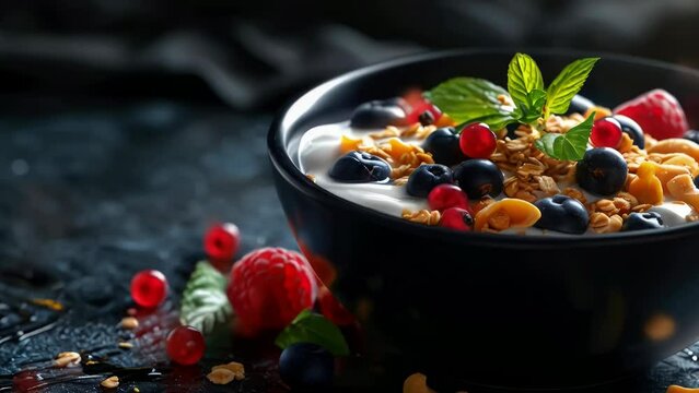 A bowl of cereal with blueberries and raspberries on top. The bowl is black and the fruit is colorful