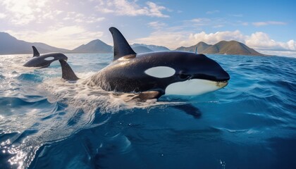 Fototapeta premium Groups of Orcas or killer whales swim and hunt for prey, the top of the food chain in a sea of ​​ice floes