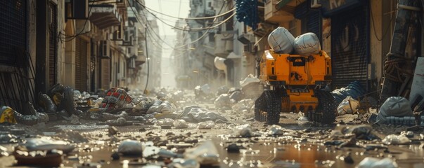 A robot in a disaster relief scenario lifting bags filled with emergency supplies - selective focus on the robot amidst the chaos - realistic