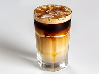 Dark brown iced espresso with a layers of cream