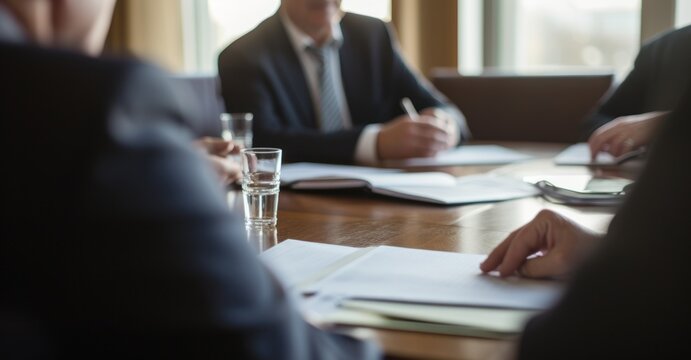  image depicting a meeting with company directors to discuss financial figures and results, supported by graphs and balance sheet curves