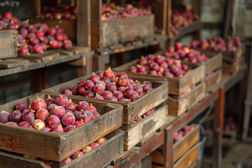 The harvested lychee is carefully packed in wooden boxes on the sorting line, ready for distribution at a bustling farm during the peak of the harvest season