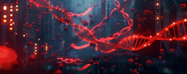 Advanced biotechnology lab with glowing red DNA helices and molecular structures floating in a dark, immersive environment, digital art with a focus on futuristic science
