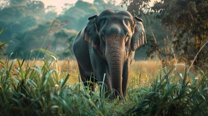 Attractive Asian tusker elephant or elephas maximus in wild jungle