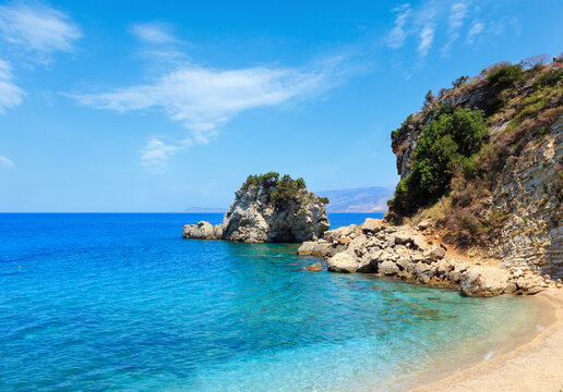 Summer sea coast landscape. View from Mirror beach (Plazhi i Pasqyrave), Saranda, Albania.