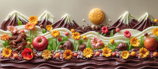 Fototapeta premium Chocolate Day banner background with chocolates crafted landscape chocolate hills rivers