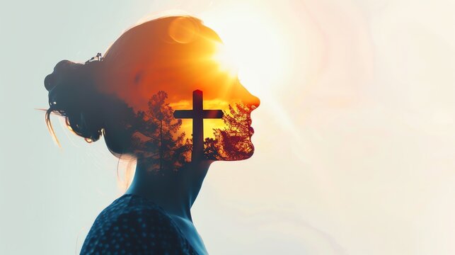 Double exposure of a woman's silhouette with a Jesus cross and nature scene symbolizing spirituality, faith, and meditation.