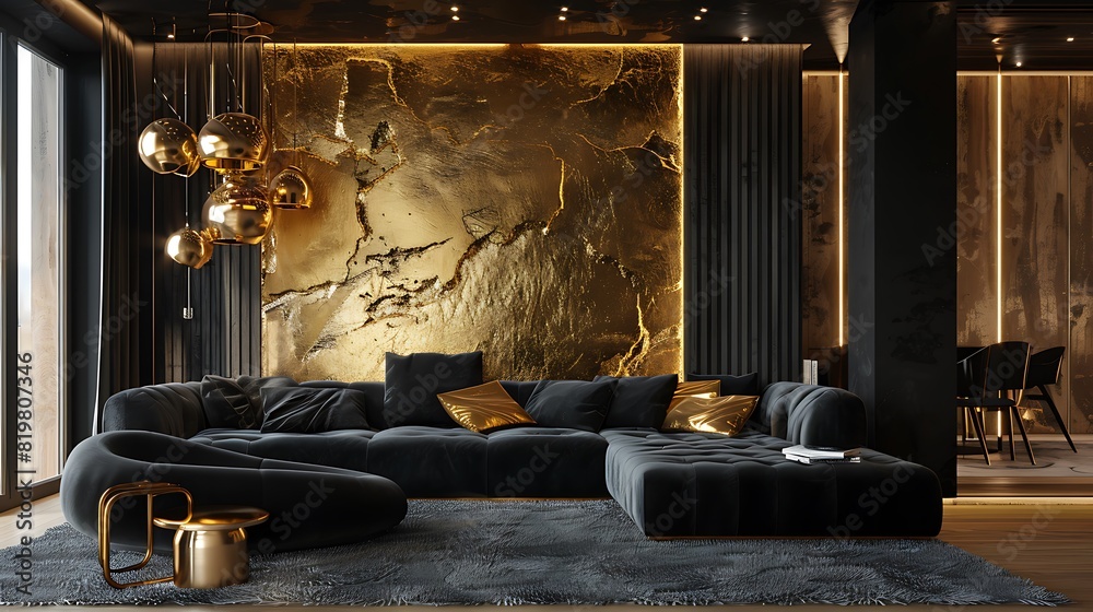 Wall mural luxurious modern living room with a black and gold theme