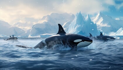 Fototapeta premium Groups of Orcas or killer whales swim and hunt for prey, the top of the food chain in a sea of ​​ice floes
