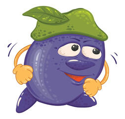 Purple funny plum in a green hat with eyes and nose. Plum runner runs towards adventure. Vector isolated image for postcard, congratulation, embroidery or applique