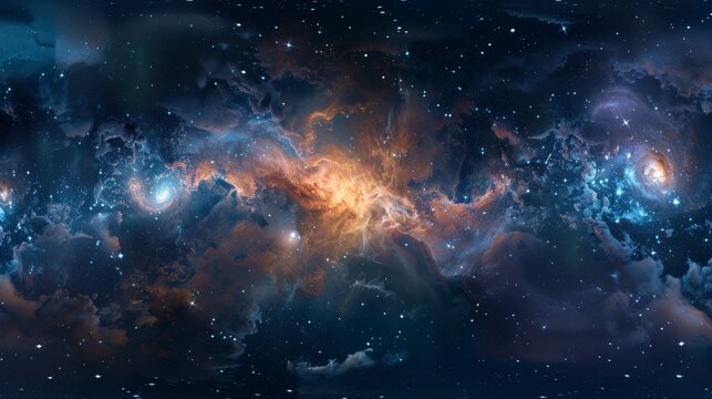 A 360-degree equirectangular projection of space with nebulae, stars, and a spherical HDRI image scene.