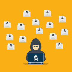 Hacker with laptop computer stealing confidential data, personal information and credit card detail.	