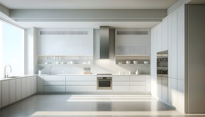 Sleek Modern Kitchen Interior with White Cabinets and Ample Natural Light