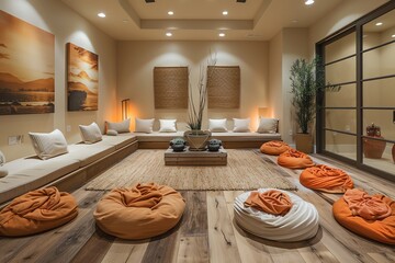 A serene home meditation room, decorated with soft cushions, calming wall colors, and subtle lighting to create a peaceful atmosphere