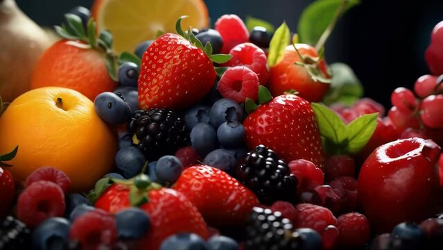 A close up of a variety of fruits including oranges, strawberries, blueberries, and blackberries