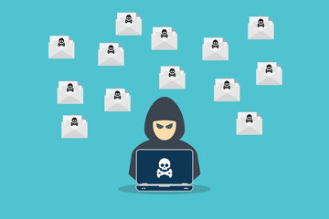 Hacker with laptop computer stealing confidential data, personal information and credit card detail.	