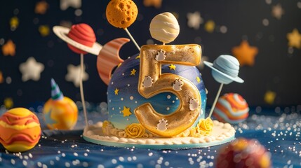 Space-Themed Birthday Cake with Galaxies, Planets, and Golden Number 5 for Sci-Fi Inspired...