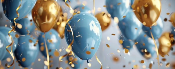 Corporate anniversary event, featuring elegant blue and gold balloon decorations, confetti creating a festive atmosphere, digital render for corporate marketing