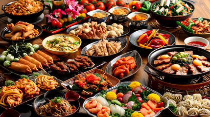 Large variety of Asian cuisine dishes on a wooden table, including sushi, spring rolls, noodles,...