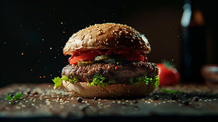 Juicy beef burger with lettuce, tomato, pickles, and sesame seed bun, with a dark background and...