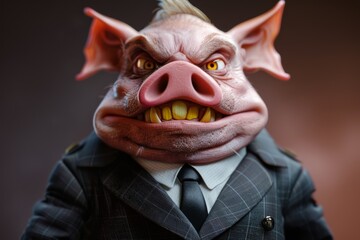 Evil, grinning fat pig like a human politician with yellow teeth wearing a business suit. Concept of corruption, manipulation, sarcasm.