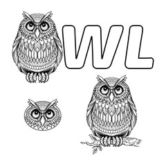 Handdrawn Vector Illustration of Black and White Owl Zentangle