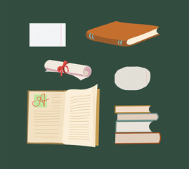 Collection School things, books, diplom scroll, notebook sheets.