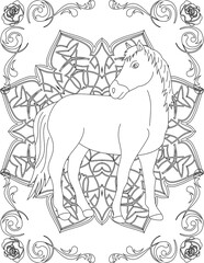 Horse on Mandala Coloring Page. Printable Coloring Worksheet for Adults and Kids. Educational Resources for School and Preschool. Mandala Coloring for Adults