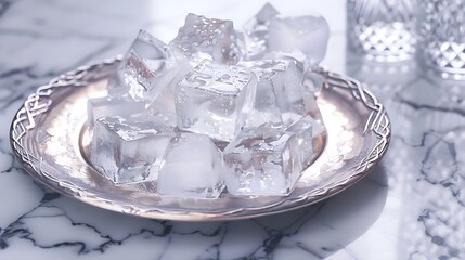elegant marble table with gold-rimmed porcelain plate and stacked ice cubes