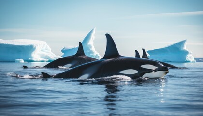 Fototapeta premium Groups of Orcas or killer whales swim and hunt for prey, the top of the food chain in a sea of ​​ice floes
