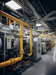 Industrial interior of a factory with yellow pipes and large metal machines
