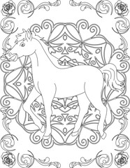 Horse on Mandala Coloring Page. Printable Coloring Worksheet for Adults and Kids. Educational Resources for School and Preschool. Mandala Coloring for Adults