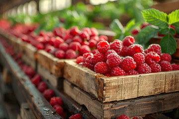 The harvested raspberries are neatly packed in wooden boxes on the sorting line, ready for distribution at a busy farm during the peak of the harvest season