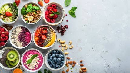 A selection of bowls filled with a variety of fruits and nuts displayed on a table, perfect as finger food or garnish for a sweet dish. Ingredients for a delicious and nutritious recipe AIG50