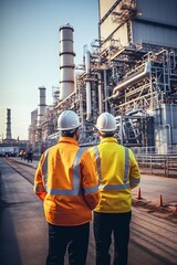 Two engineers in hardhats and safety vests looking at an oil refinery