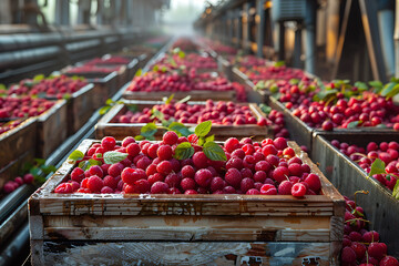 The harvested raspberries are neatly packed in wooden boxes on the sorting line, ready for distribution at a busy farm during the peak of the harvest season