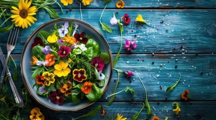 A colorful salad bowl decorated with edible flowers sits on a rustic wooden table, creating a beautiful and artistic display of natures bounty AIG50