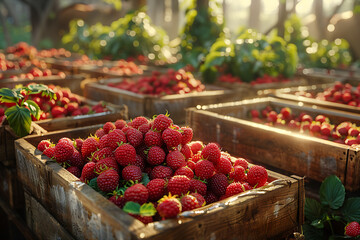 The harvested raspberries are neatly packed in wooden boxes on the sorting line, ready for...