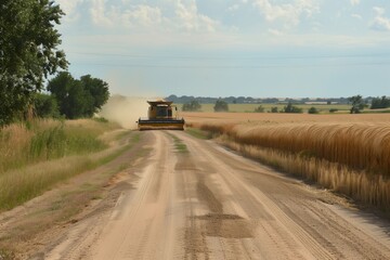 the combine harvester is working on wheat harvesting